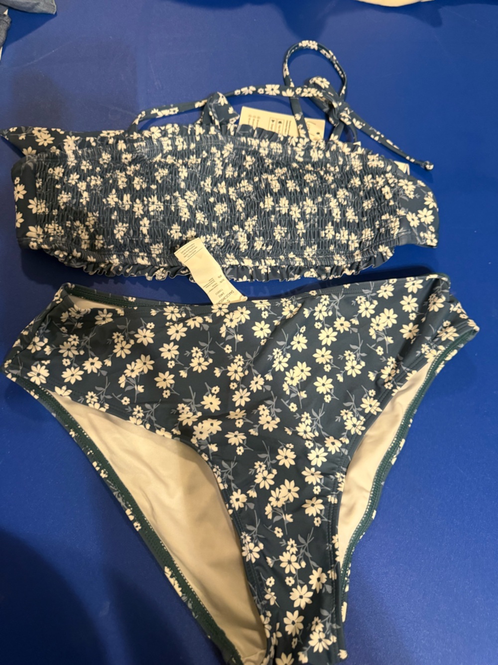 Blue Floral Smocked Bikini Set